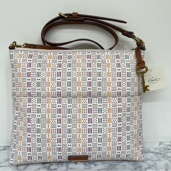 Fossil Fiona Large Crossbody Bag White Colorful Geometric Print - Picture 10 of 11
